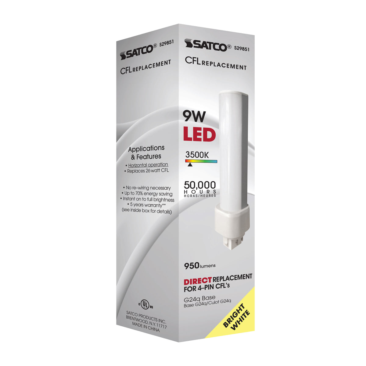 9 Watt LED PL 4-Pin - 3500K - 1050 Lumens - G24q base - 50000 Average rated hours - 120 Deg. Beam Angle - Type A - Ballast dependent