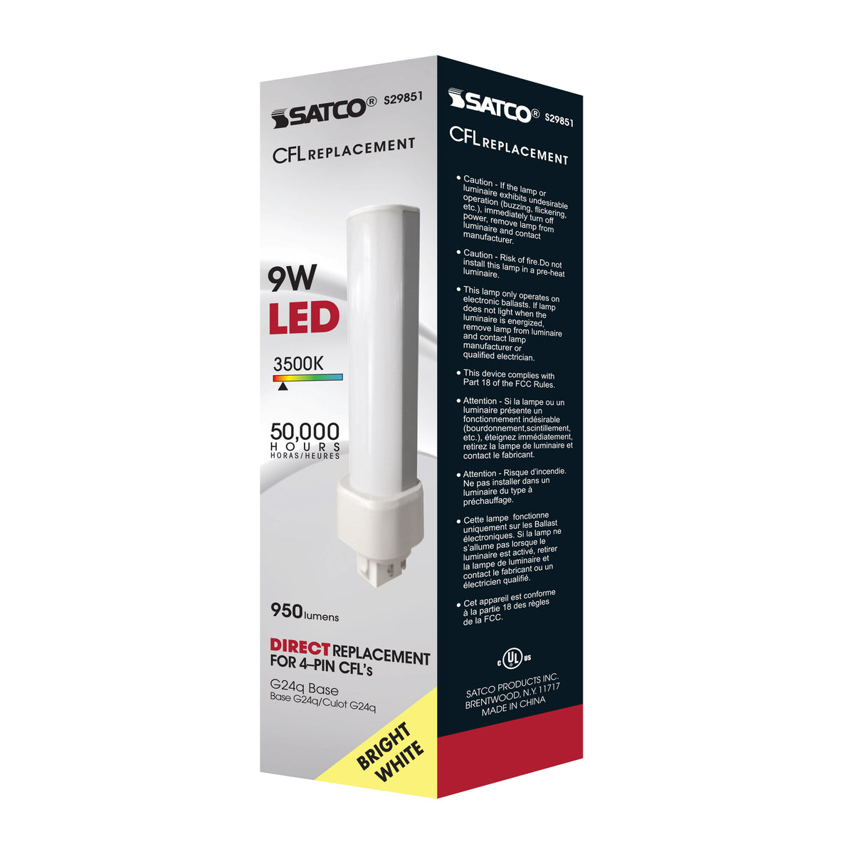 9 Watt LED PL 4-Pin - 3500K - 1050 Lumens - G24q base - 50000 Average rated hours - 120 Deg. Beam Angle - Type A - Ballast dependent