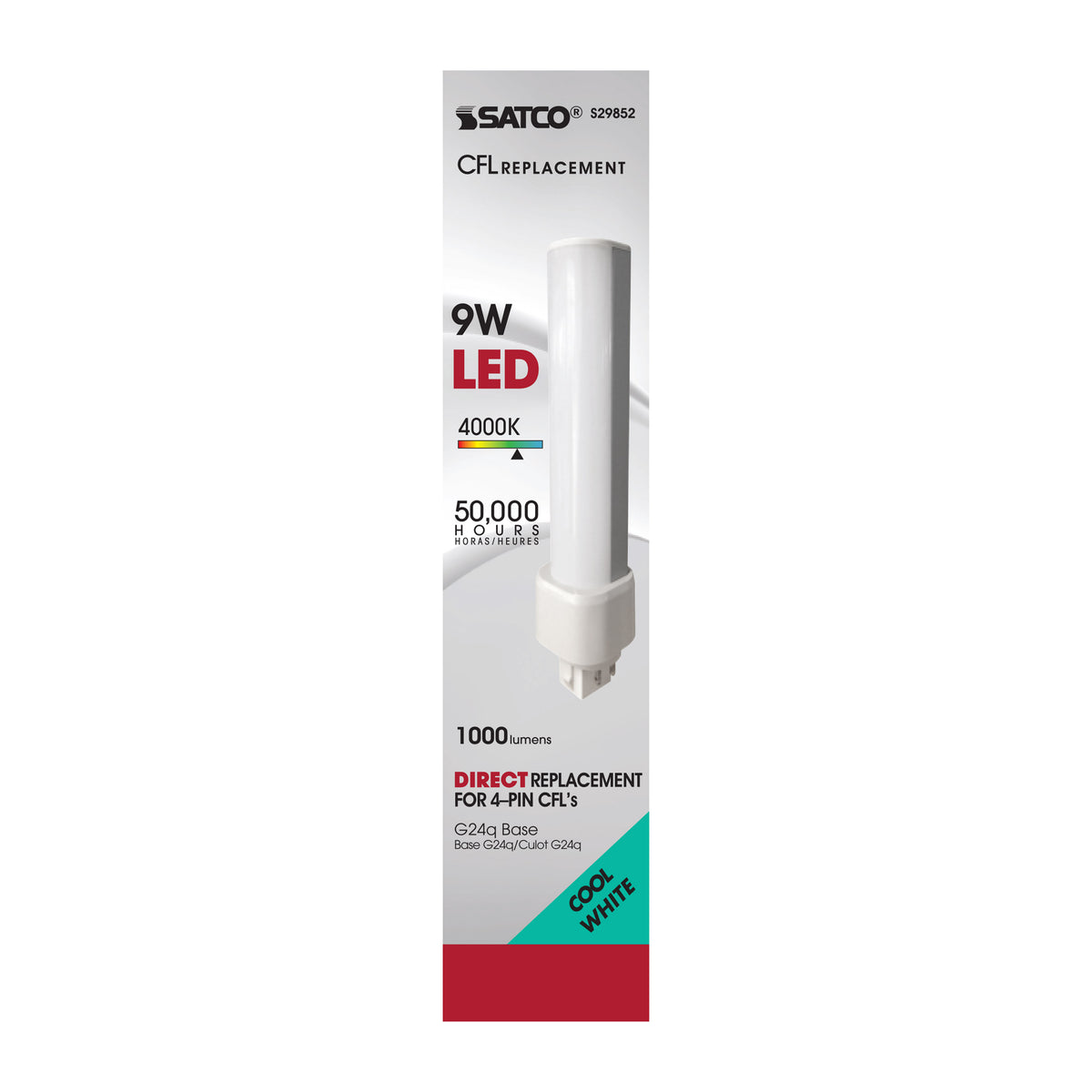 9 Watt LED PL 4-Pin - 4000K - 1100 Lumens - G24q base - 50000 Average rated hours - 120 Deg. Beam Angle - Type A - Ballast dependent