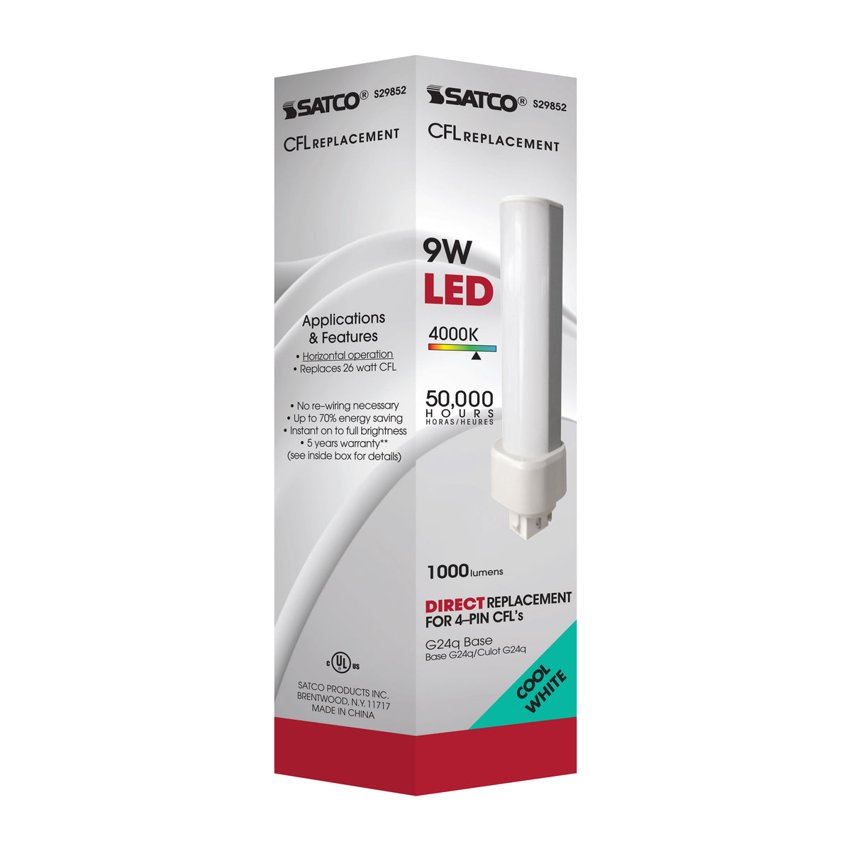 9 Watt LED PL 4-Pin - 4000K - 1100 Lumens - G24q base - 50000 Average rated hours - 120 Deg. Beam Angle - Type A - Ballast dependent