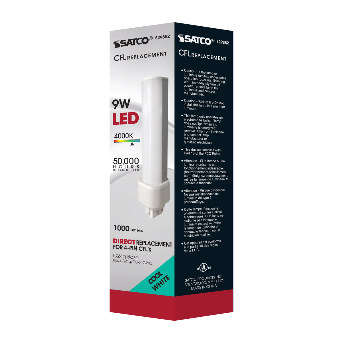 9 Watt LED PL 4-Pin - 4000K - 1100 Lumens - G24q base - 50000 Average rated hours - 120 Deg. Beam Angle - Type A - Ballast dependent