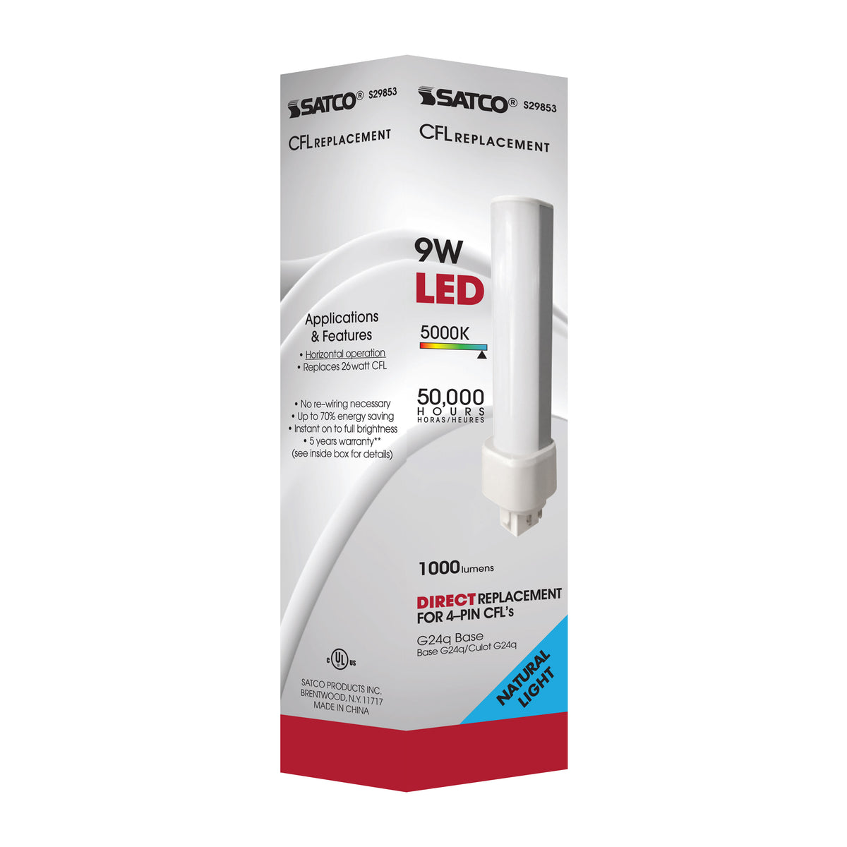 9 Watt LED PL 4-Pin - 5000K - 1100 Lumens - G24q base - 50000 Average rated hours - 120 Deg. Beam Angle - Type A - Ballast dependent