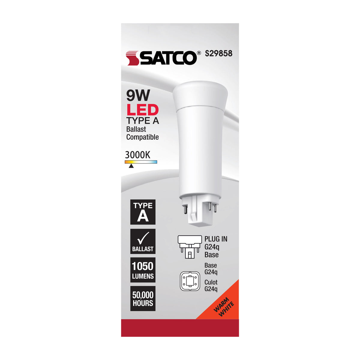 9 Watt LED PL 4-Pin - 3000K - 1050 Lumens - G24q base - 50000 Average rated hours - 120 Deg. Beam Angle - Type A - Ballast dependent