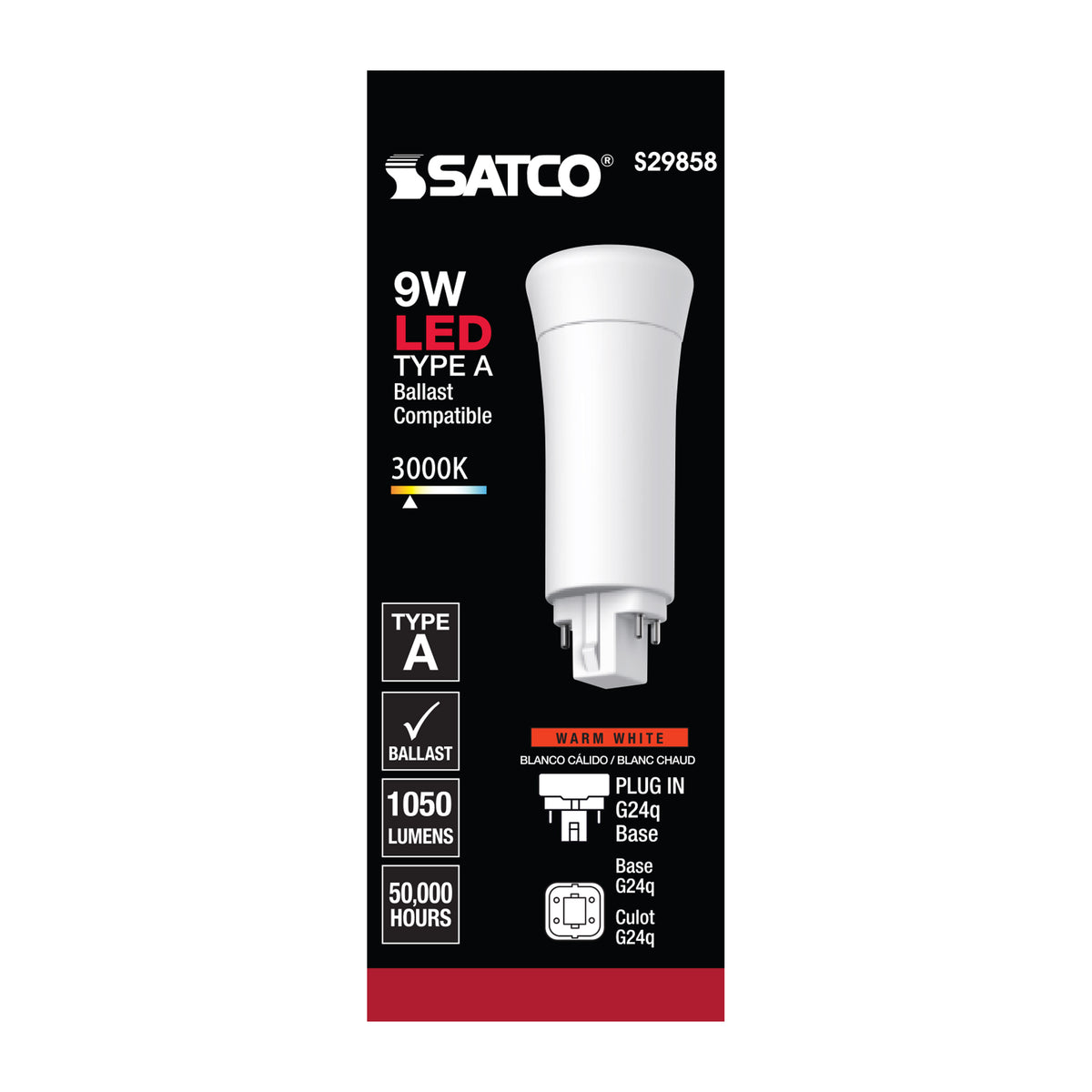 9 Watt LED PL 4-Pin - 3000K - 1050 Lumens - G24q base - 50000 Average rated hours - 120 Deg. Beam Angle - Type A - Ballast dependent