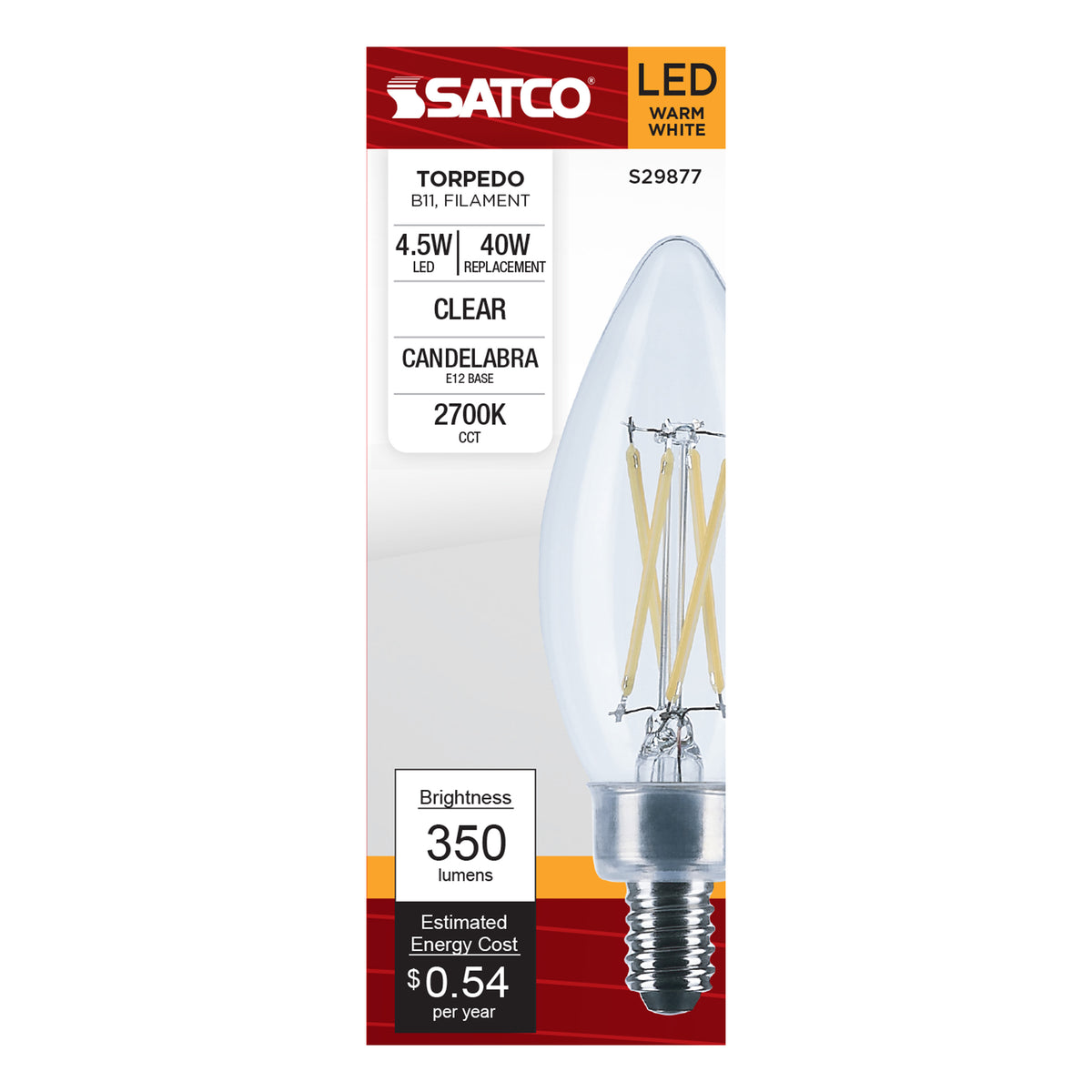 4.5 Watt B11 LED Filament - Clear - Candelabra base - 2700K - 350 Lumens - 120 Volt