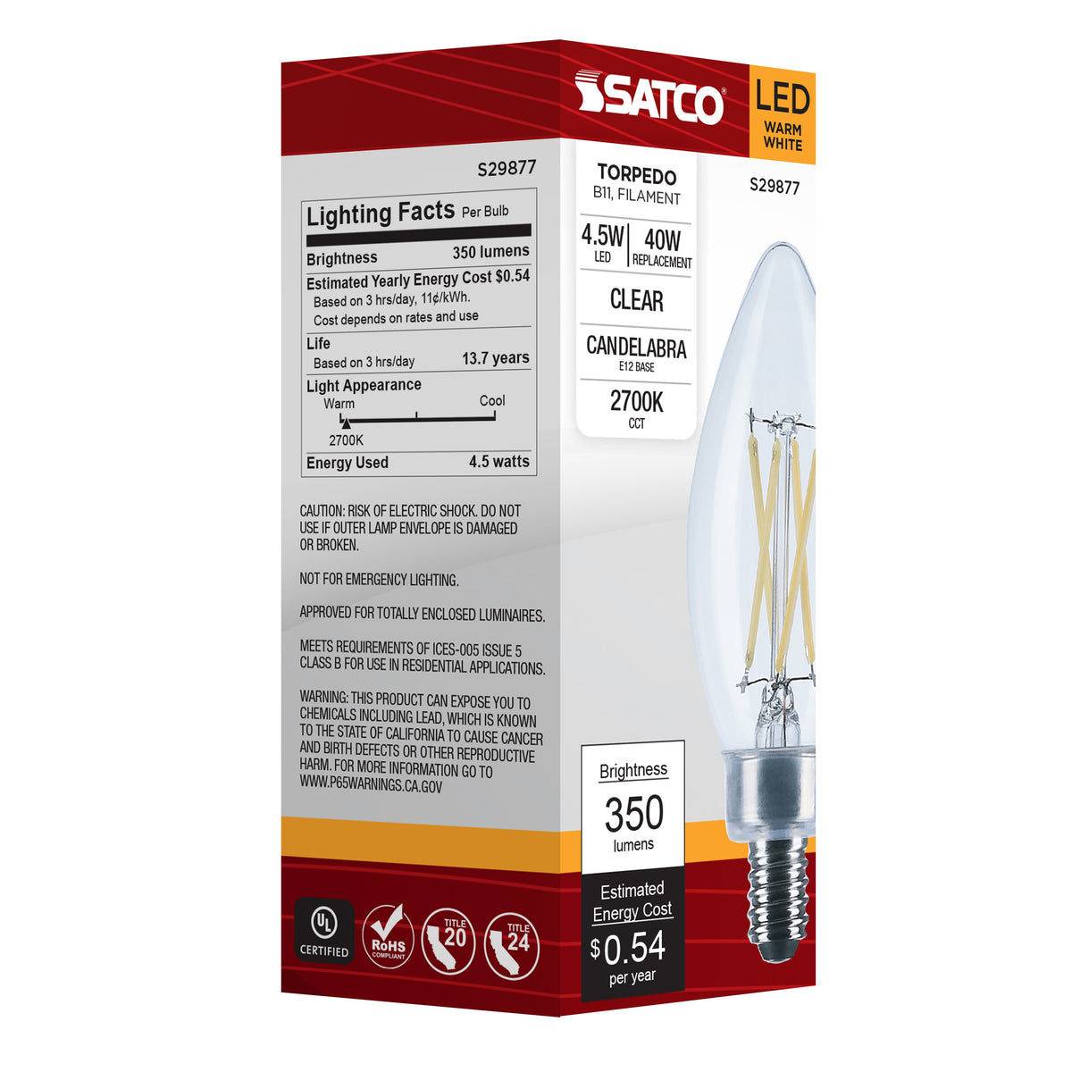 4.5 Watt B11 LED Filament - Clear - Candelabra base - 2700K - 350 Lumens - 120 Volt