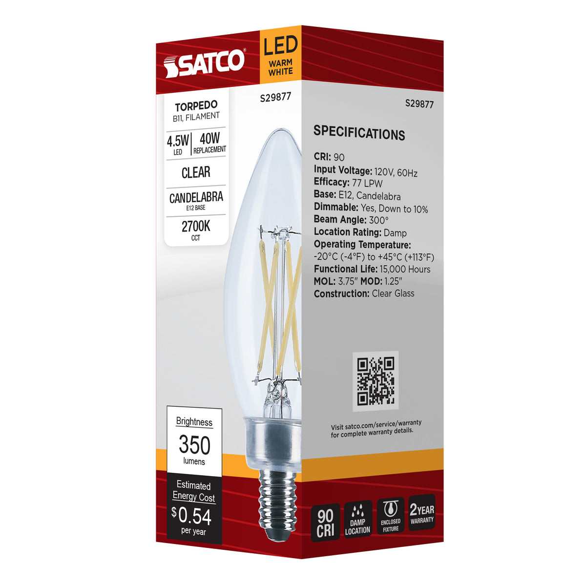 4.5 Watt B11 LED Filament - Clear - Candelabra base - 2700K - 350 Lumens - 120 Volt