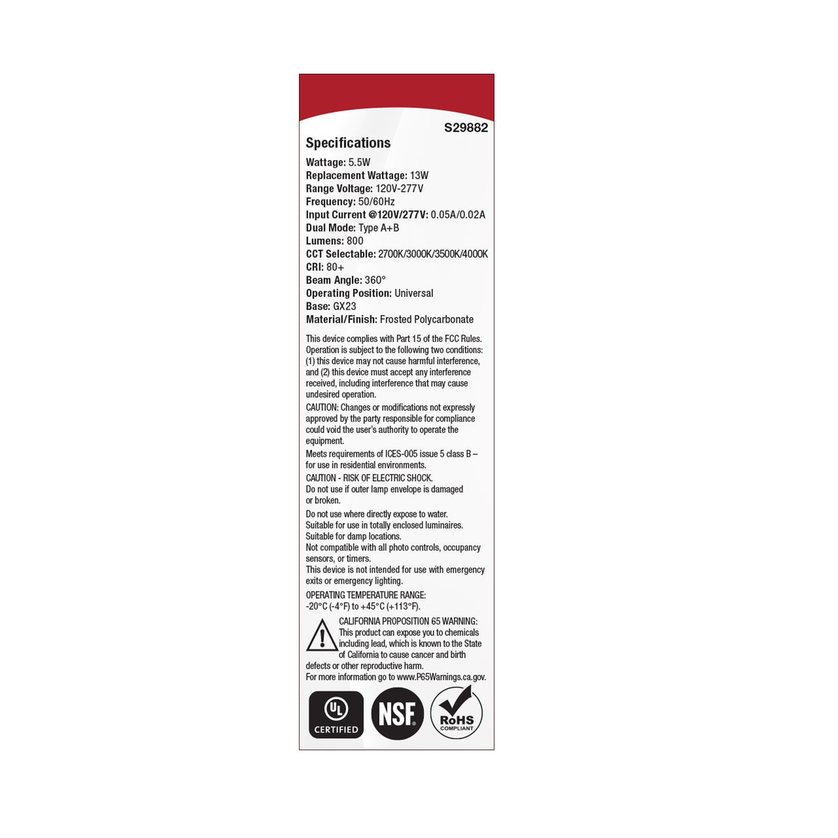5.5 Watt PLC LED - 27K/3K/35K/4K CCT - GX23 Base - Omni - Type A/B - 120-277 Volt