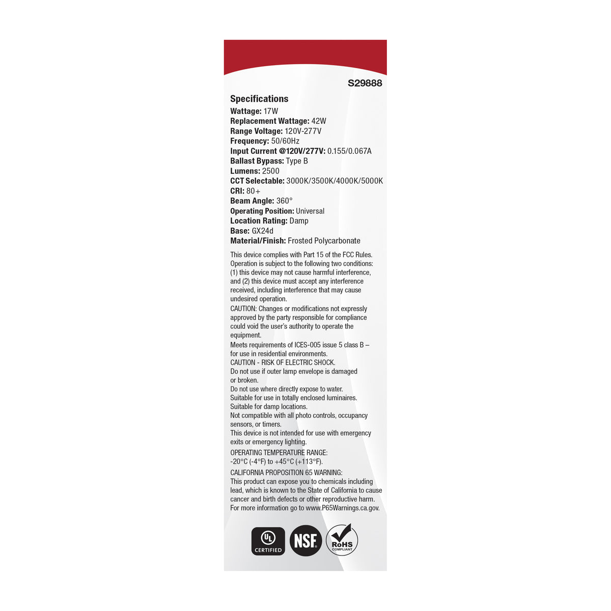 17 Watt PLT LED - 3K/35K/4K/5K CCT - Gx24d Base - Omni - Type B - 120-277 Volt