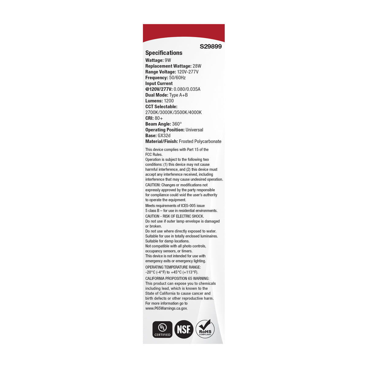 9 Watt PLC LED - 27K/3K/35K/4K CCT - GX32d Base - Omni - Type A/B - 120-277 Volt