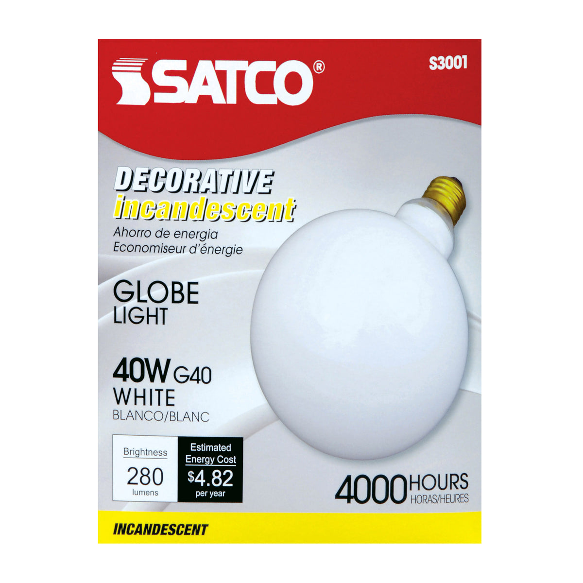40 Watt G40 Incandescent - Gloss White - 4000 Average rated hours - 280 Lumens - Medium base - 120 Volt