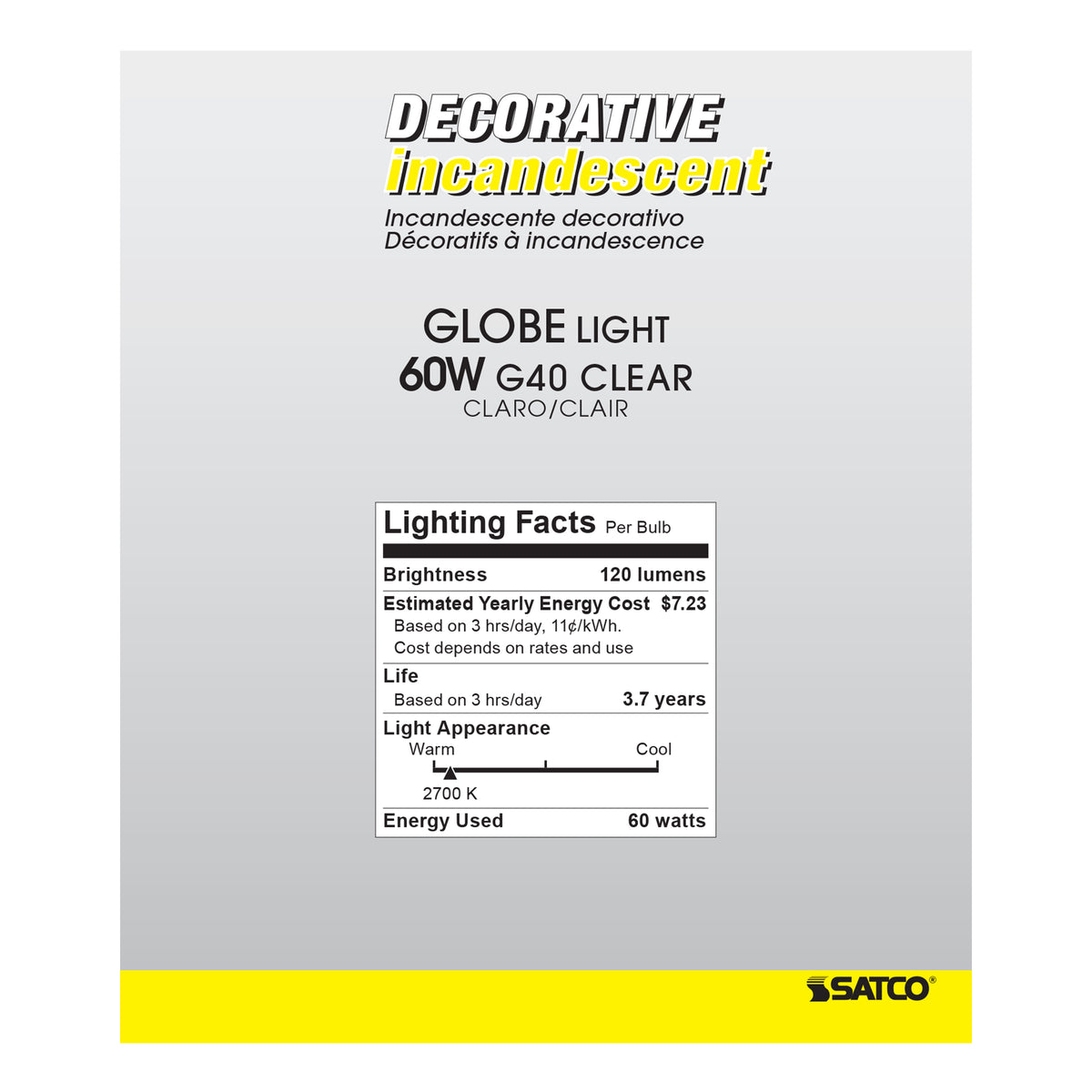 60 Watt G40 Incandescent - Clear - 4000 Average rated hours - 580 Lumens - Medium base - 120 Volt