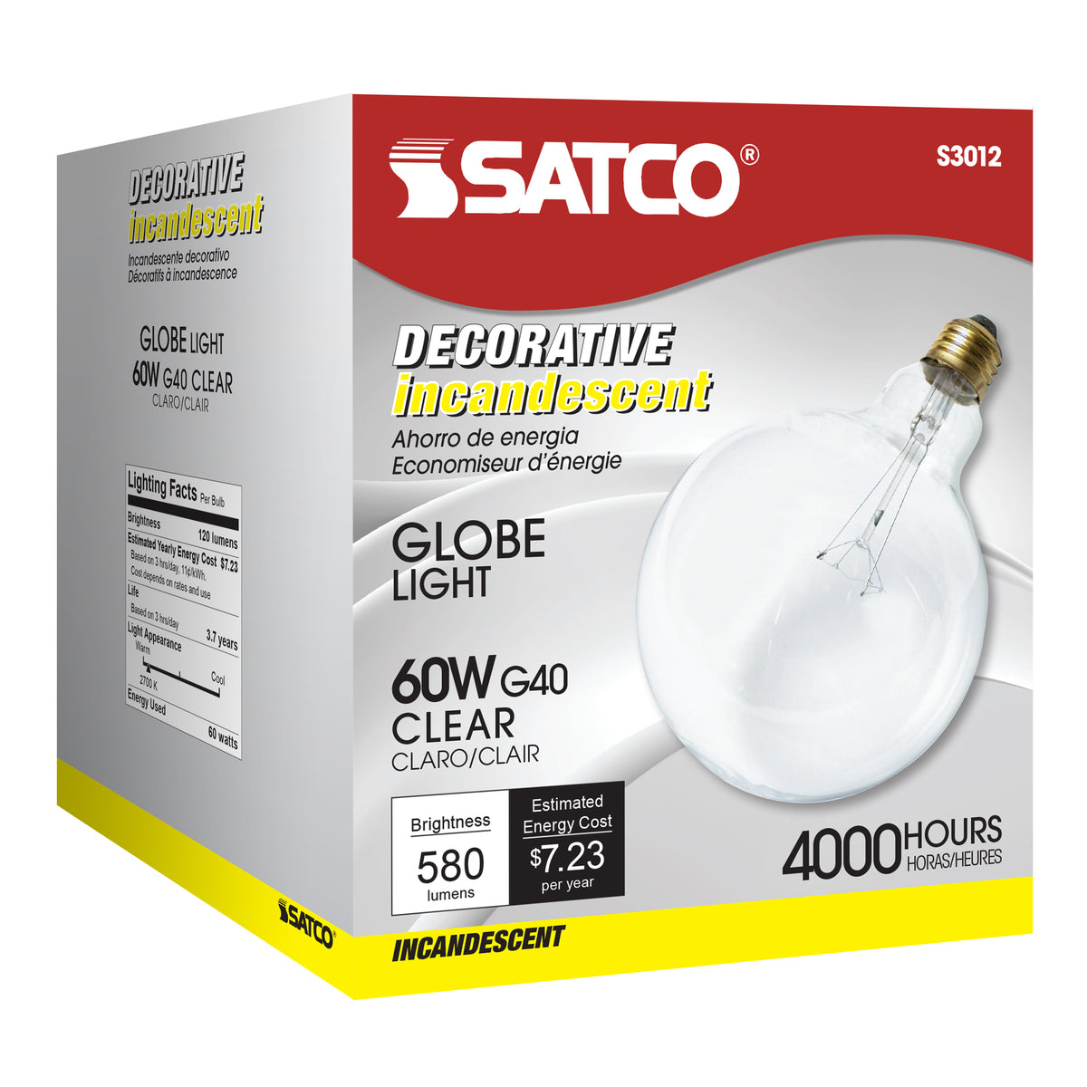 60 Watt G40 Incandescent - Clear - 4000 Average rated hours - 580 Lumens - Medium base - 120 Volt