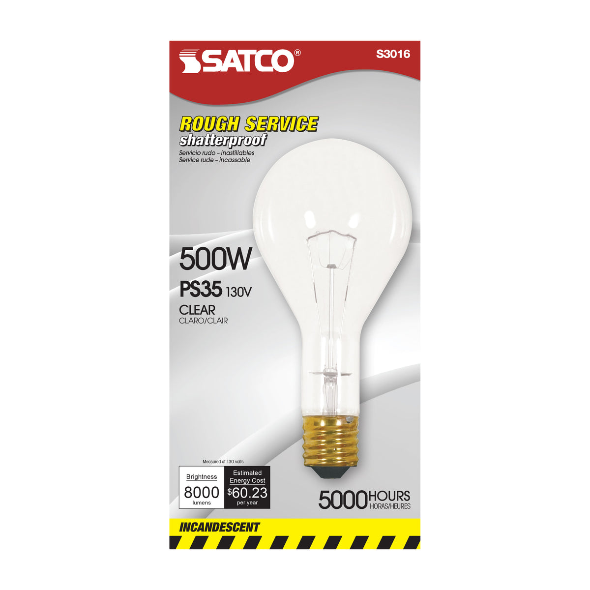 500 Watt PS35 Incandescent - Clear - 5000 Average rated hours - 8000 Lumens - Mogul base - 130 Volt - Shatter Proof