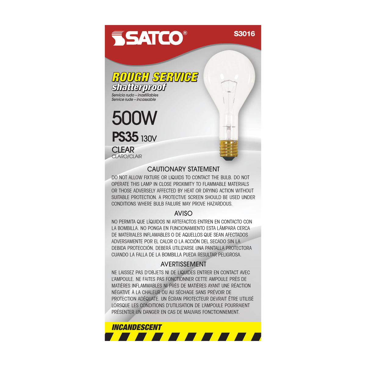 500 Watt PS35 Incandescent - Clear - 5000 Average rated hours - 8000 Lumens - Mogul base - 130 Volt - Shatter Proof