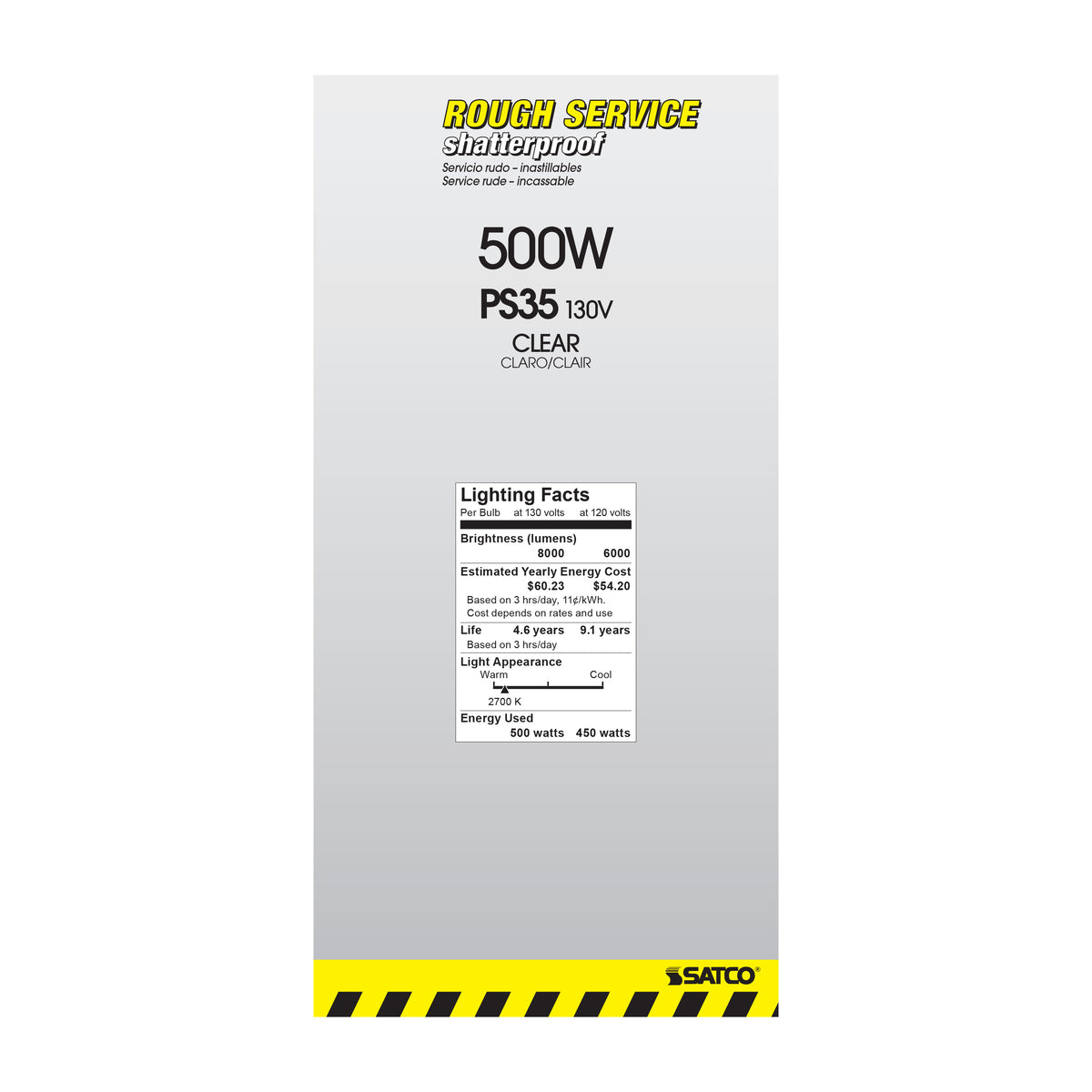 500 Watt PS35 Incandescent - Clear - 5000 Average rated hours - 8000 Lumens - Mogul base - 130 Volt - Shatter Proof