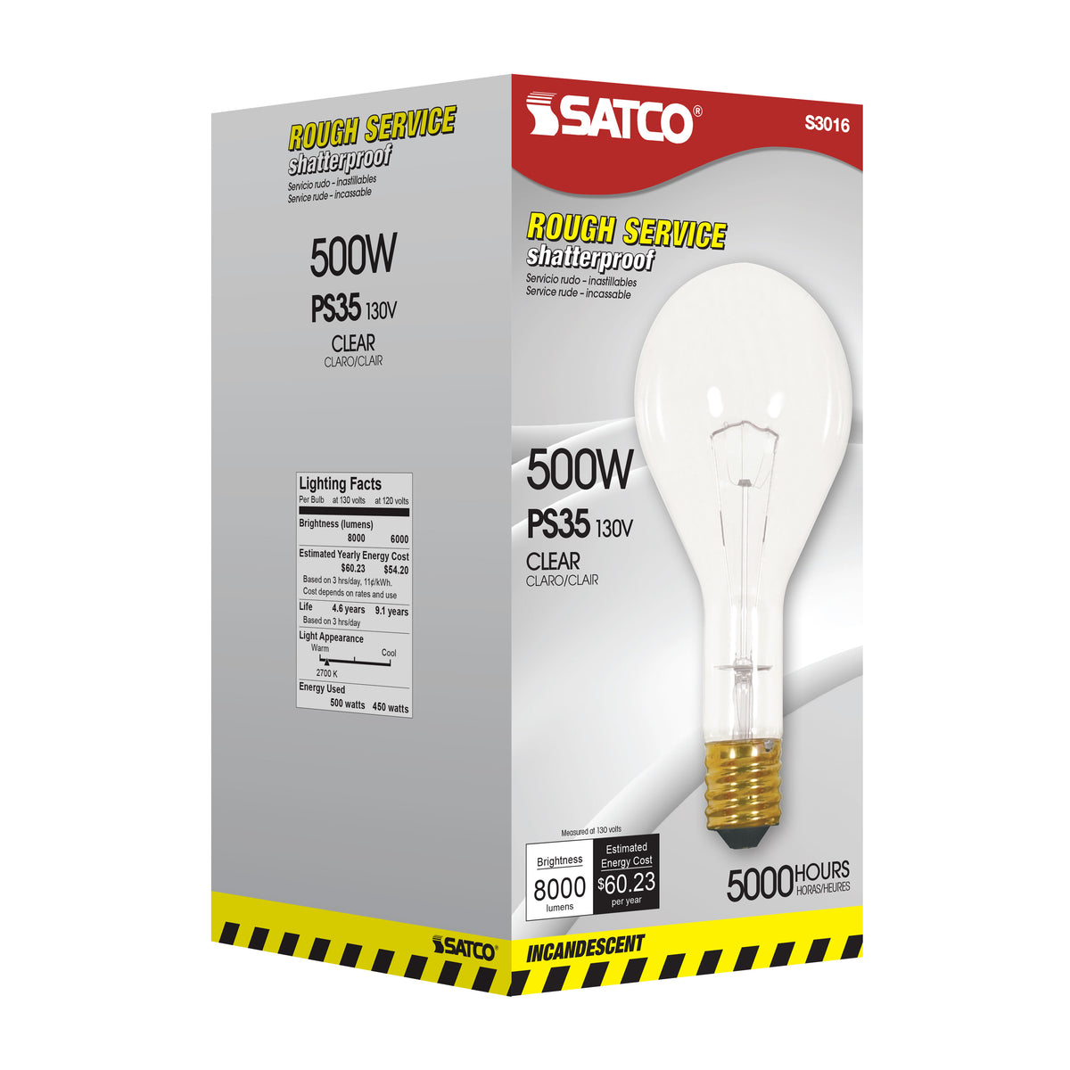 500 Watt PS35 Incandescent - Clear - 5000 Average rated hours - 8000 Lumens - Mogul base - 130 Volt - Shatter Proof
