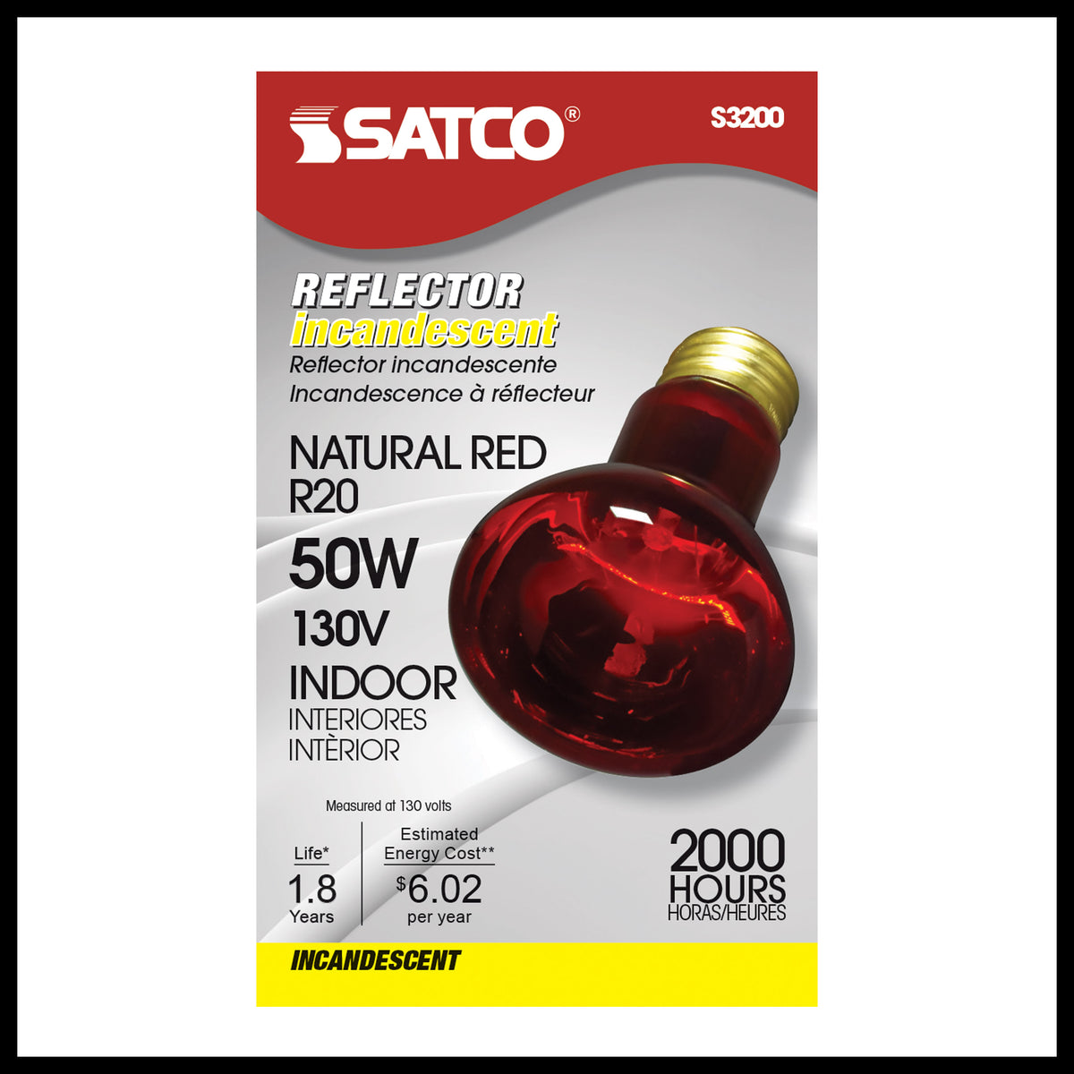 50 Watt R20 Incandescent - Red - 2000 Average rated hours - Medium base - 130 Volt