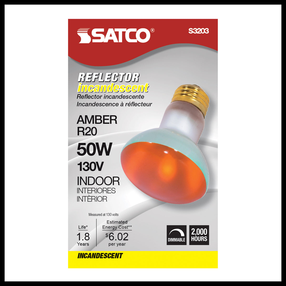 50 Watt R20 Incandescent - Amber - 2000 Average rated hours - Medium base - 130 Volt