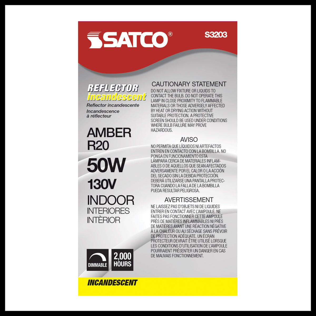 50 Watt R20 Incandescent - Amber - 2000 Average rated hours - Medium base - 130 Volt