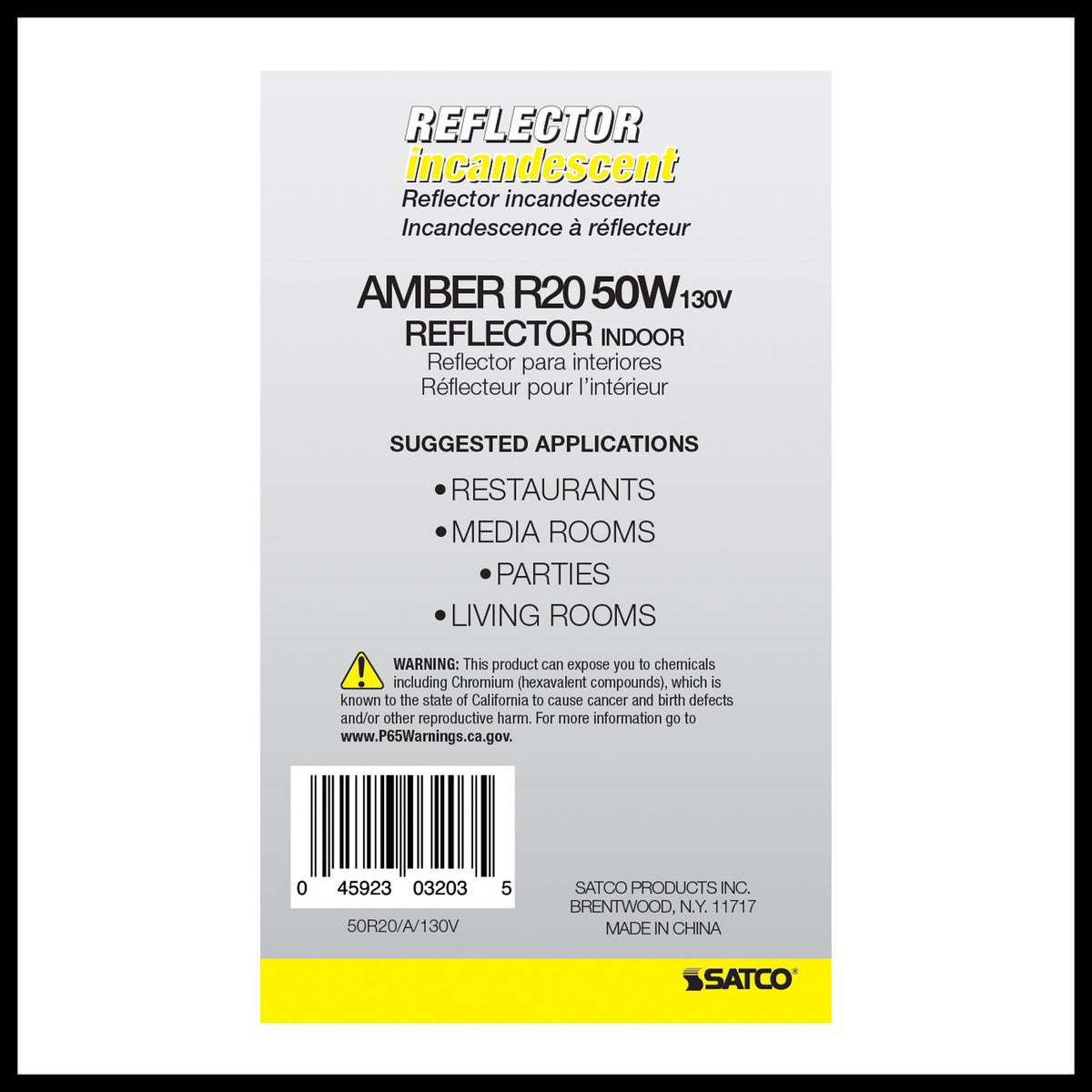 50 Watt R20 Incandescent - Amber - 2000 Average rated hours - Medium base - 130 Volt