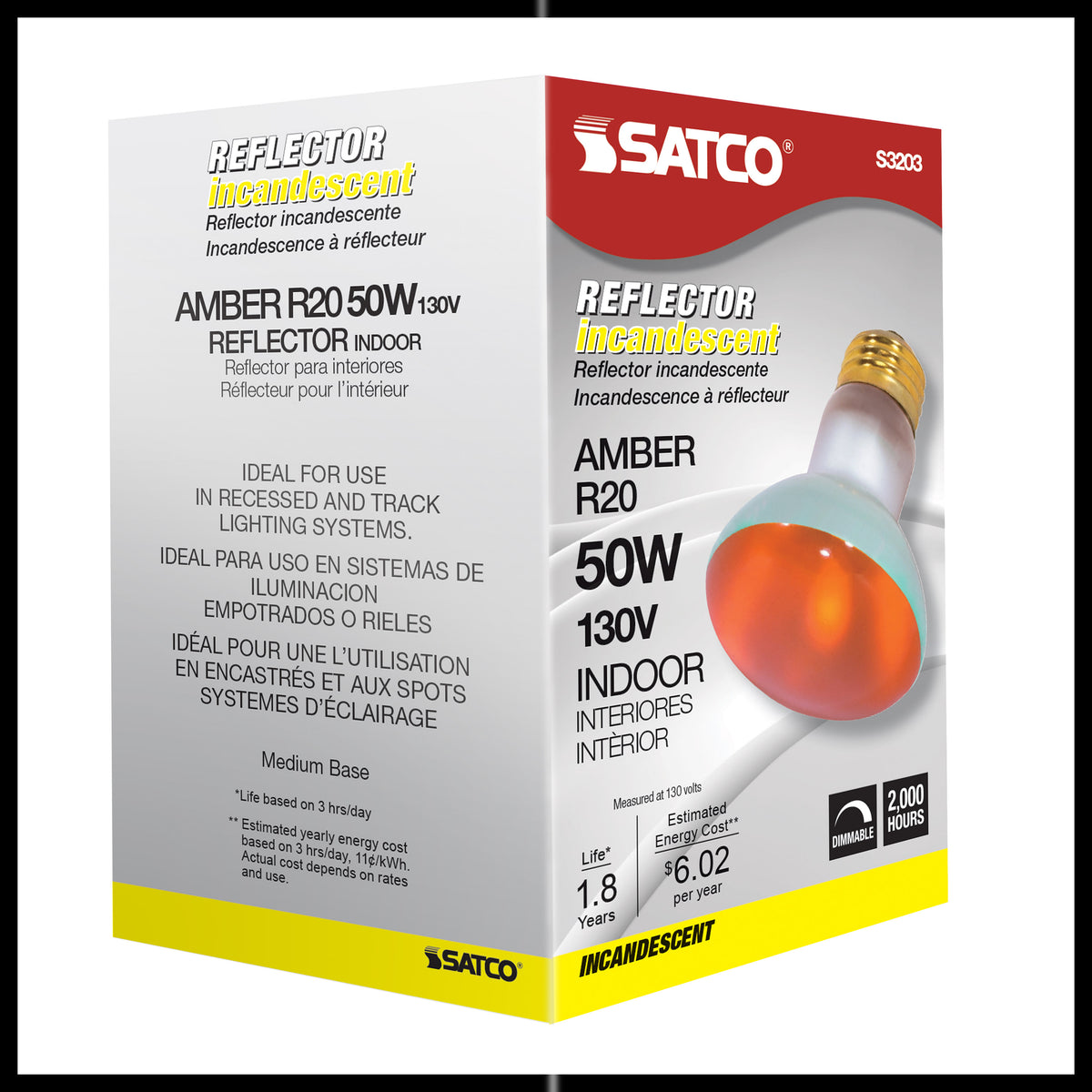 50 Watt R20 Incandescent - Amber - 2000 Average rated hours - Medium base - 130 Volt
