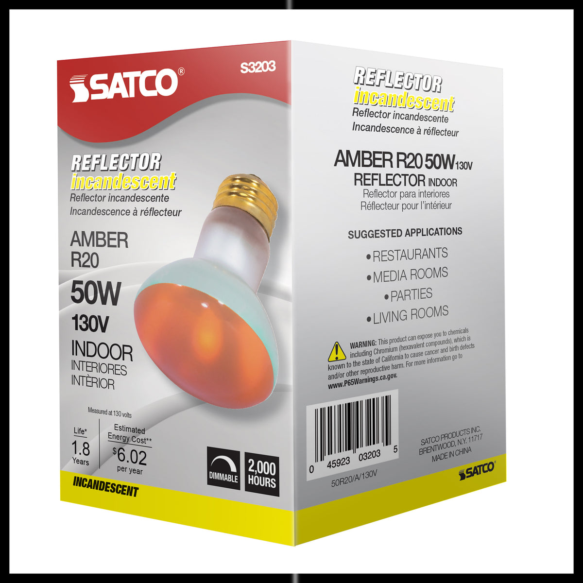 50 Watt R20 Incandescent - Amber - 2000 Average rated hours - Medium base - 130 Volt