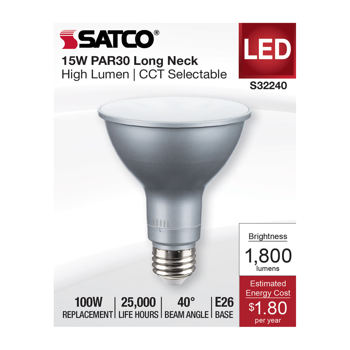 15 Watt PAR30LN High Lumen LED - Long Neck - 27K/30K/35K/40K/50K CCT Selectable - Medium Base - 120 Volt