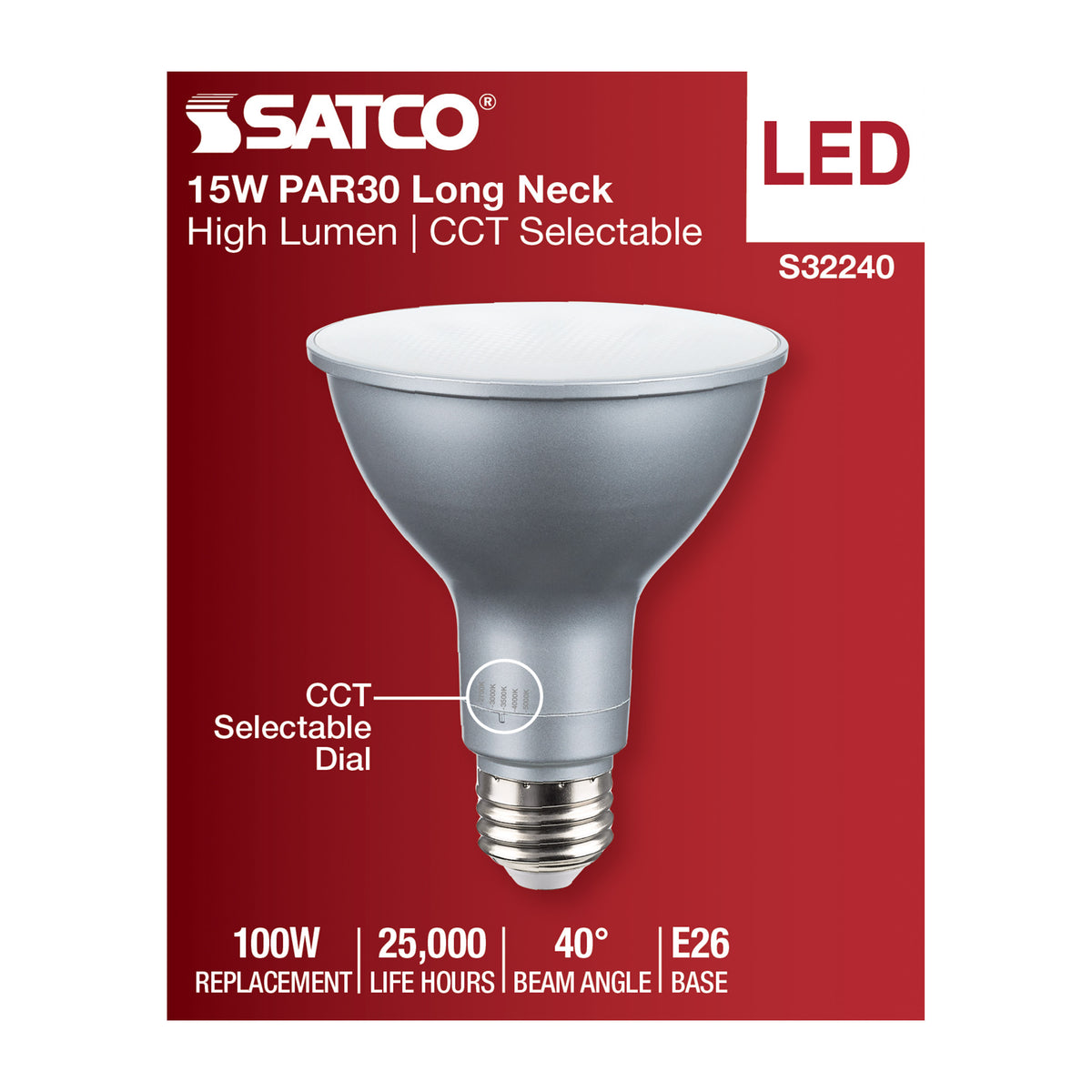 15 Watt PAR30LN High Lumen LED - Long Neck - 27K/30K/35K/40K/50K CCT Selectable - Medium Base - 120 Volt