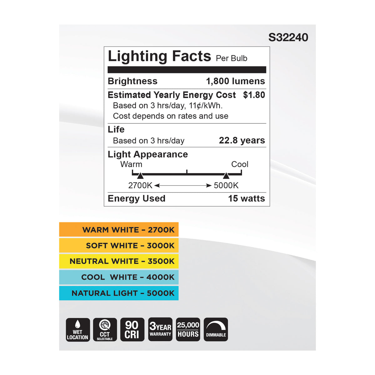 15 Watt PAR30LN High Lumen LED - Long Neck - 27K/30K/35K/40K/50K CCT Selectable - Medium Base - 120 Volt