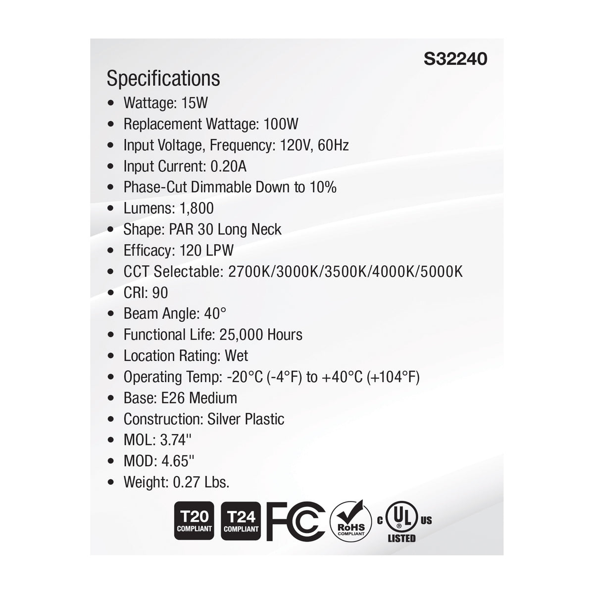 15 Watt PAR30LN High Lumen LED - Long Neck - 27K/30K/35K/40K/50K CCT Selectable - Medium Base - 120 Volt