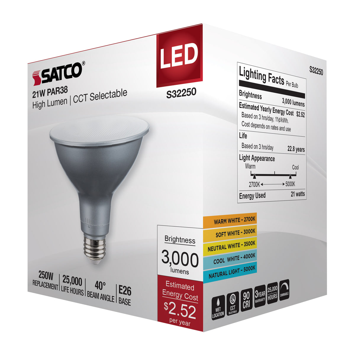 21 Watt PAR38 High Lumen LED - 27K/30K/35K/40K/50K CCT Selectable - Medium Base - 120 Volt