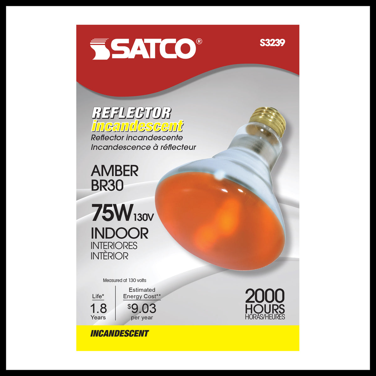 75 Watt BR30 Incandescent - Amber - 2000 Average rated hours - Medium base - 130 Volt