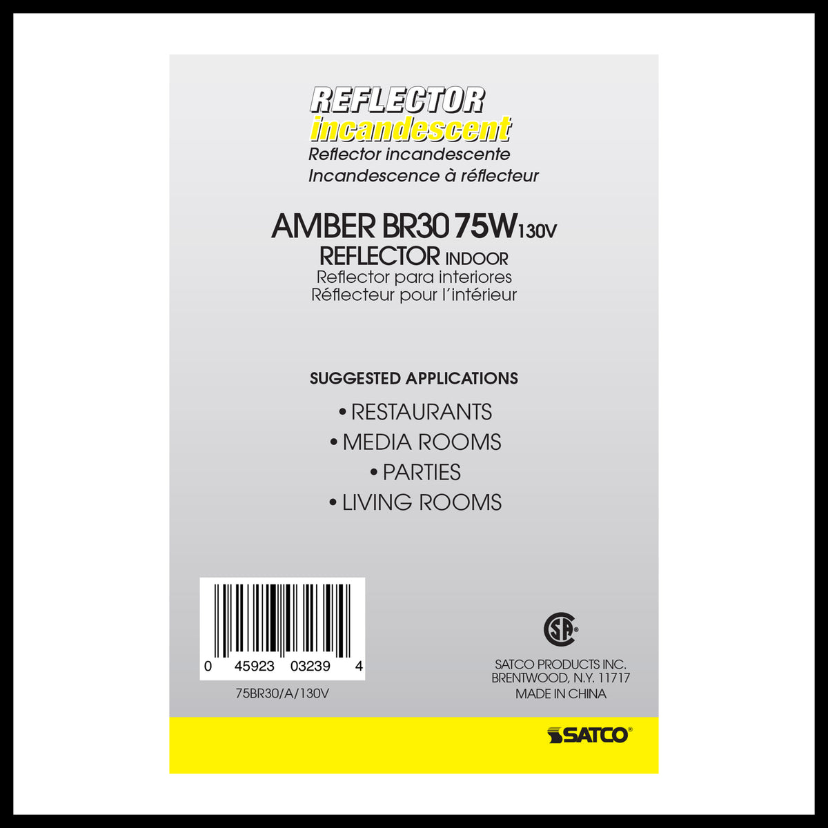 75 Watt BR30 Incandescent - Amber - 2000 Average rated hours - Medium base - 130 Volt