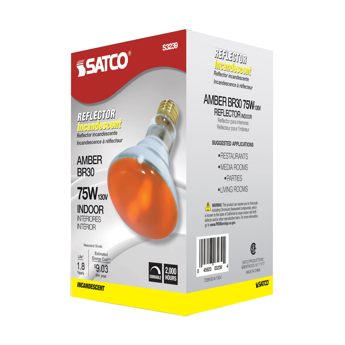 75 Watt BR30 Incandescent - Amber - 2000 Average rated hours - Medium base - 130 Volt