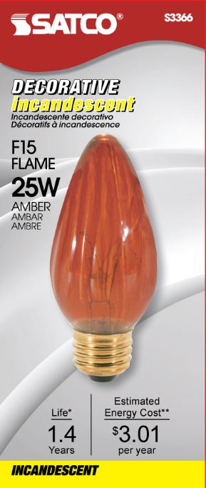 25 Watt F15 Incandescent - Amber - 1500 Average rated hours - Medium base - 120 Volt