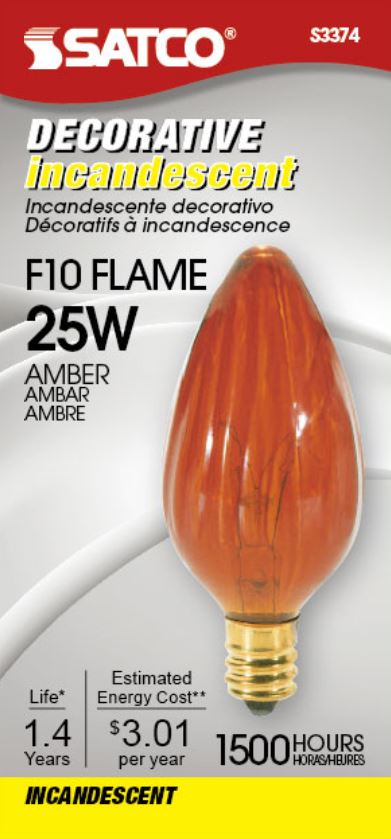 25 Watt F10 Incandescent - Amber - 1500 Average rated hours - Candelabra base - 120 Volt