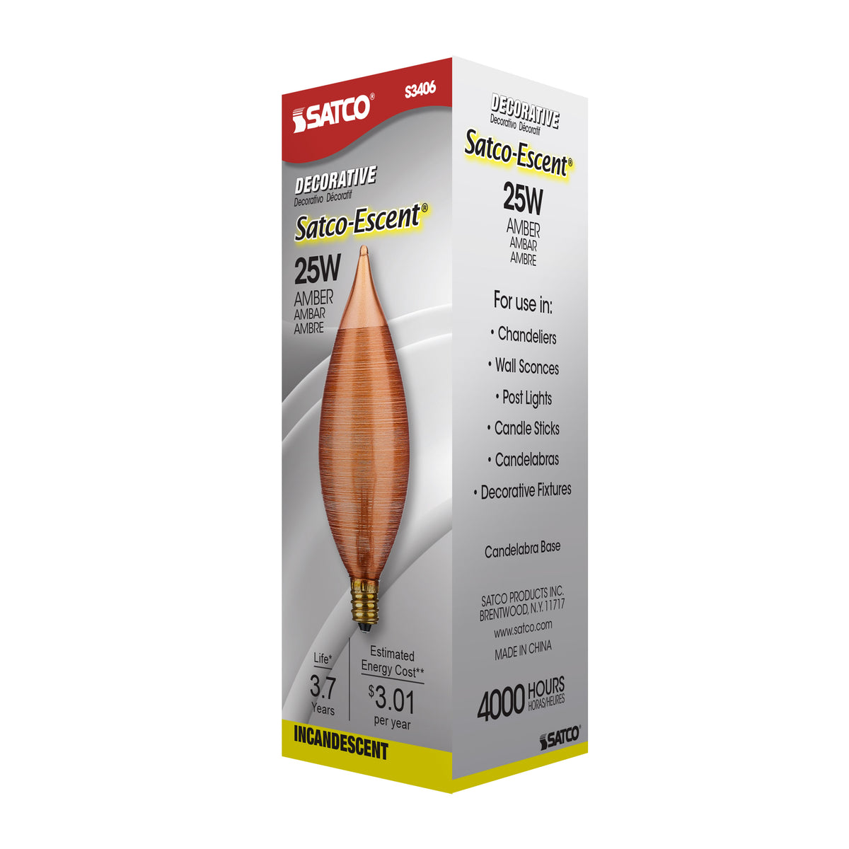 25 Watt C11 Incandescent - Spun Amber - 4000 Average rated hours - Candelabra base - 120 Volt
