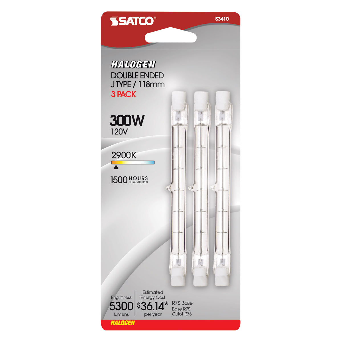 300 Watt - Halogen - T3 - Clear - 1500 Average rated hours - 5300 Lumens - Double Ended base - 120 Volt - 3-Card