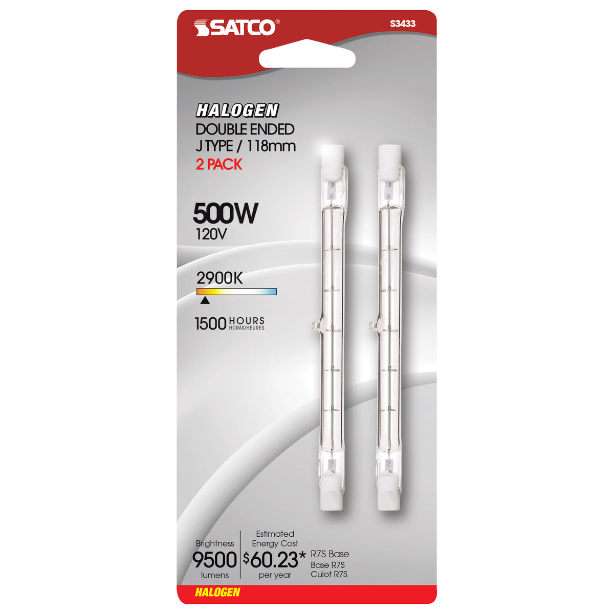 500 Watt - Halogen - T3 - Clear - 1500 Average rated hours - 9500 Lumens - Double Ended base - 120 Volt - 2-Card