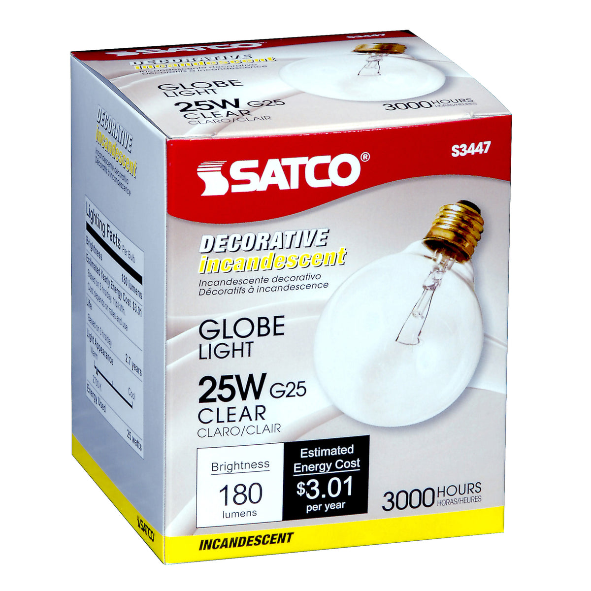 25 Watt G25 Incandescent - Clear - 3000 Average rated hours - 180 Lumens - Medium base - 120 Volt