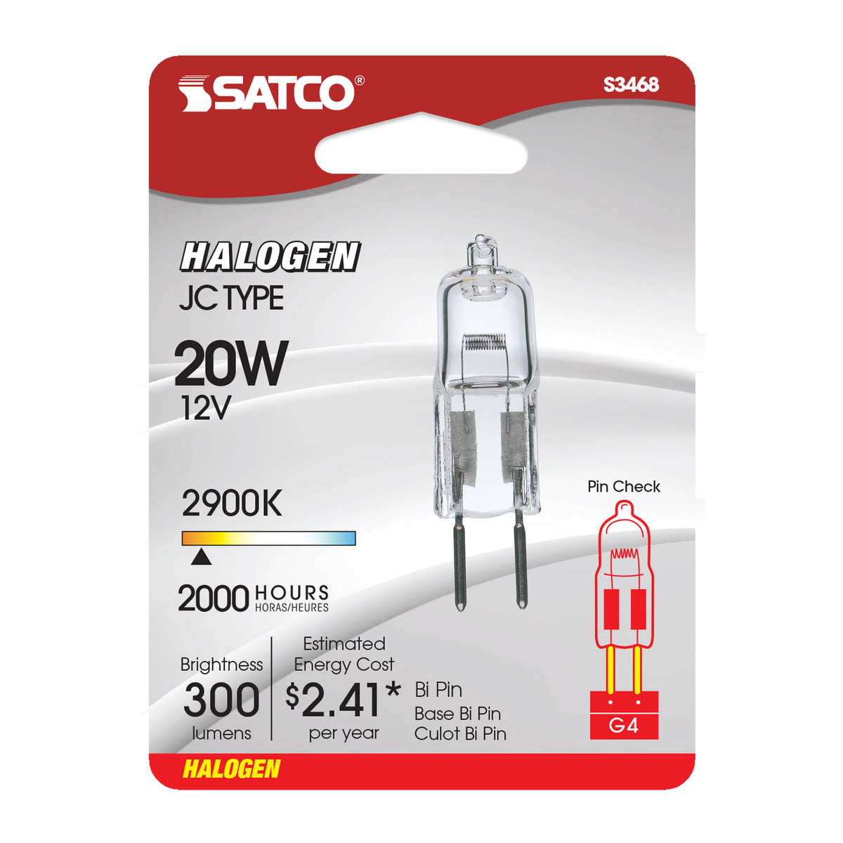 20 Watt - Halogen - T3 - Clear - 2000 Average rated hours - 300 Lumens - Bi Pin G4 base - 12 Volt - Carded