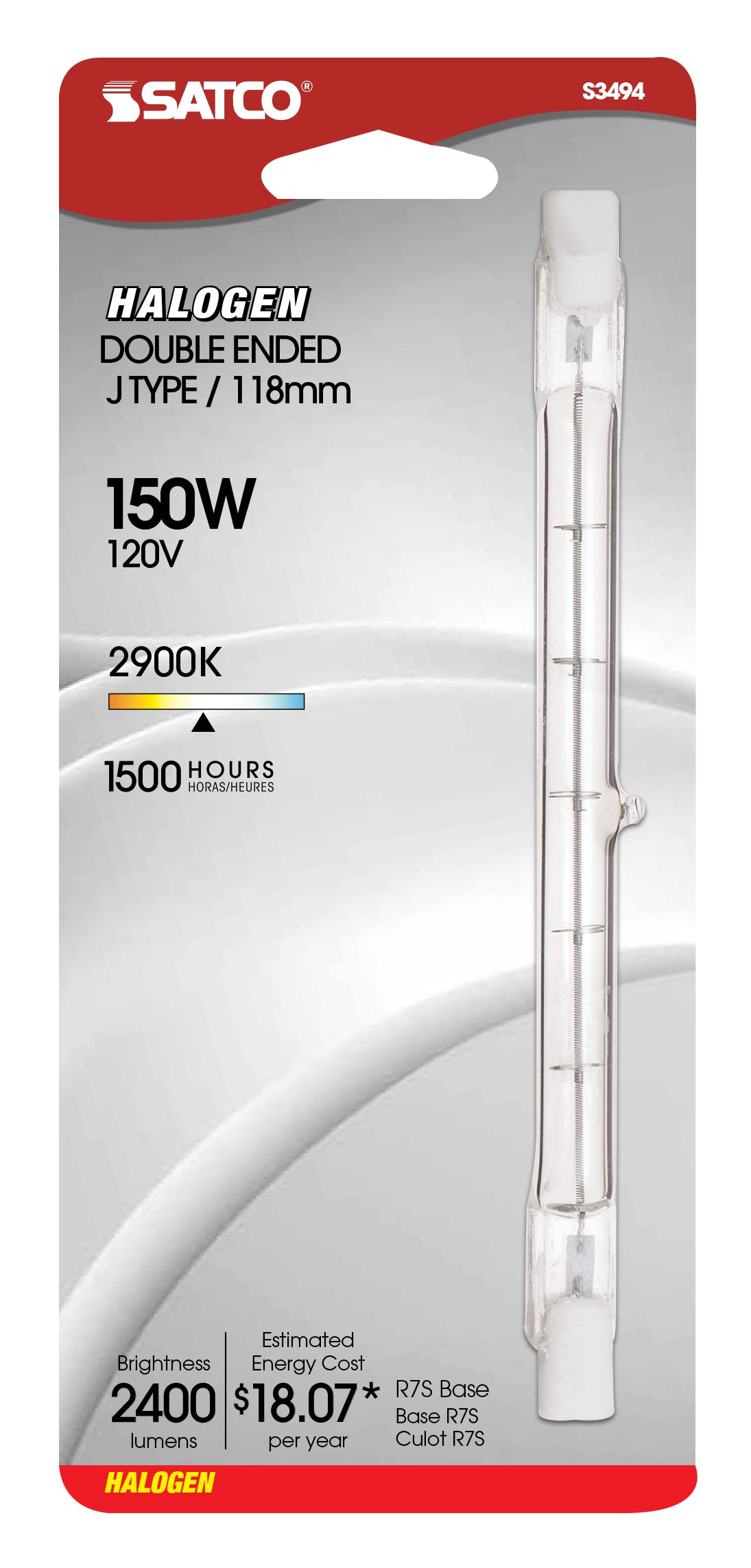 150 Watt - Halogen - T3 - Clear - 1500 Average rated hours - 2400 Lumens - Double Ended base - 118mm - 120 Volt - Carded