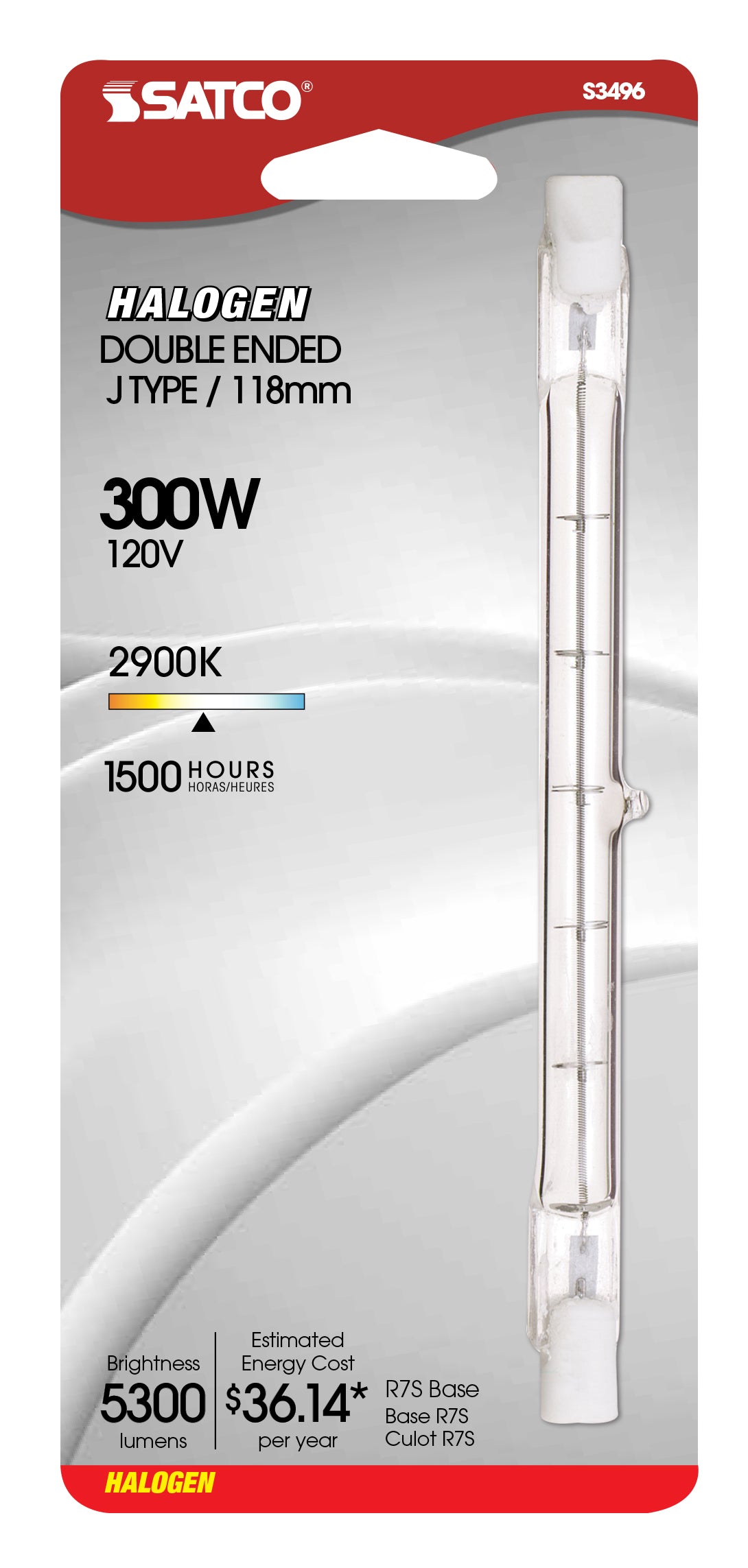 300 Watt - Halogen - T3 - Clear - 1500 Average rated hours - 5300 Lumens - Double Ended base - 120 Volt - Carded