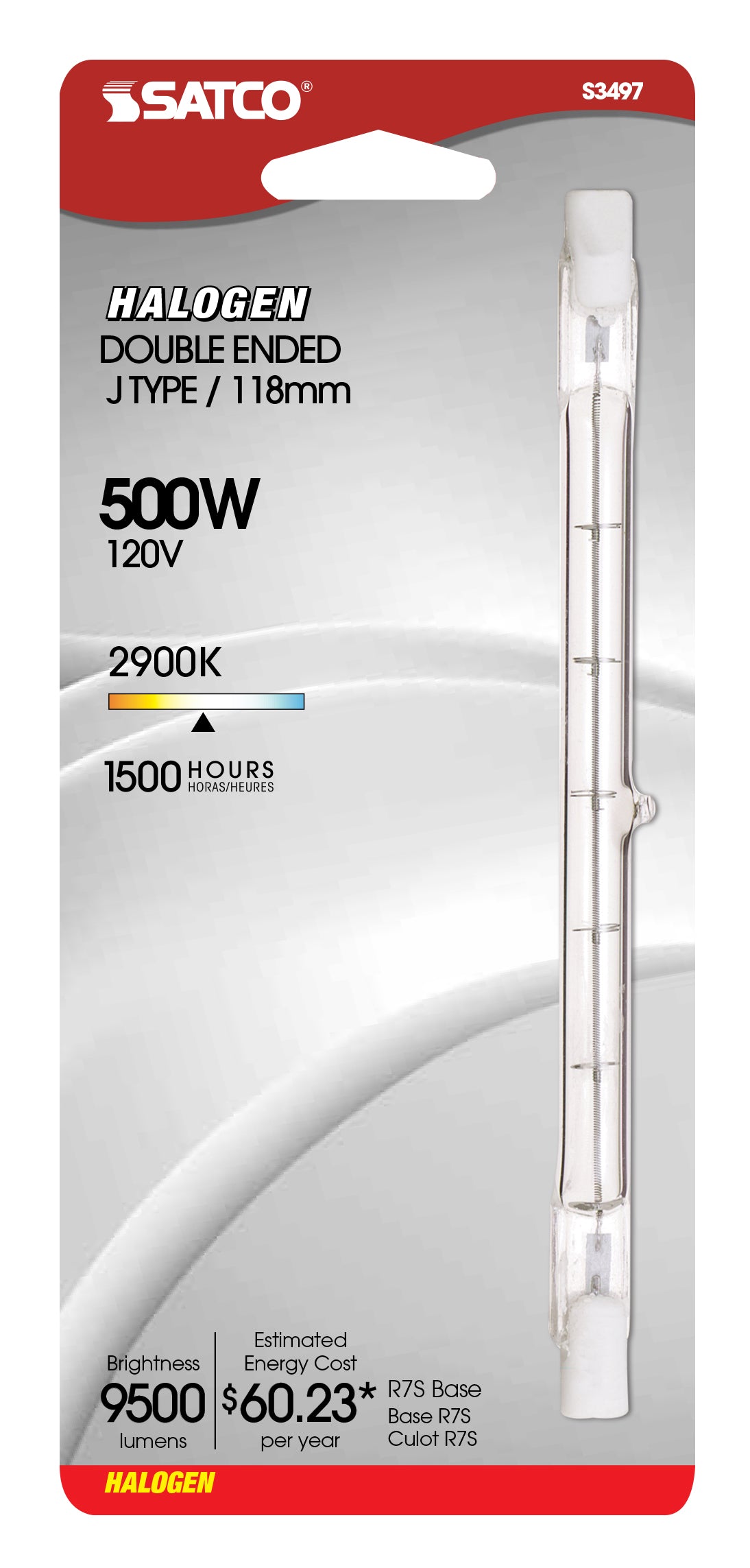 500 Watt - Halogen - T3 - Clear - 1500 Average rated hours - 9500 Lumens - Double Ended base - 120 Volt - Carded