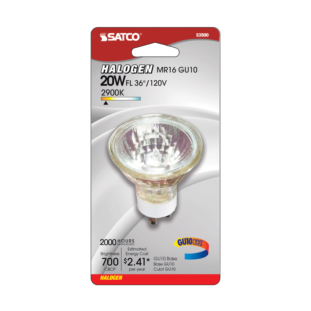20 Watt - Halogen - MR16 - 2000 Average rated hours - 120 Lumens - GU10 base - 120 Volt - Carded