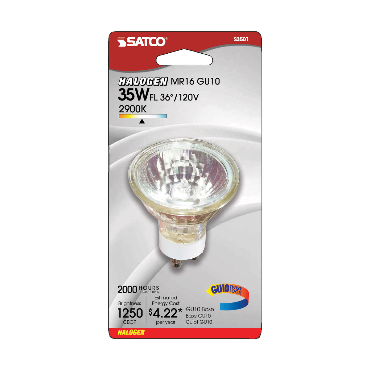 35 Watt - Halogen - MR16 - 2000 Average rated hours - 290 Lumens - GU10 base - 120 Volt - Carded