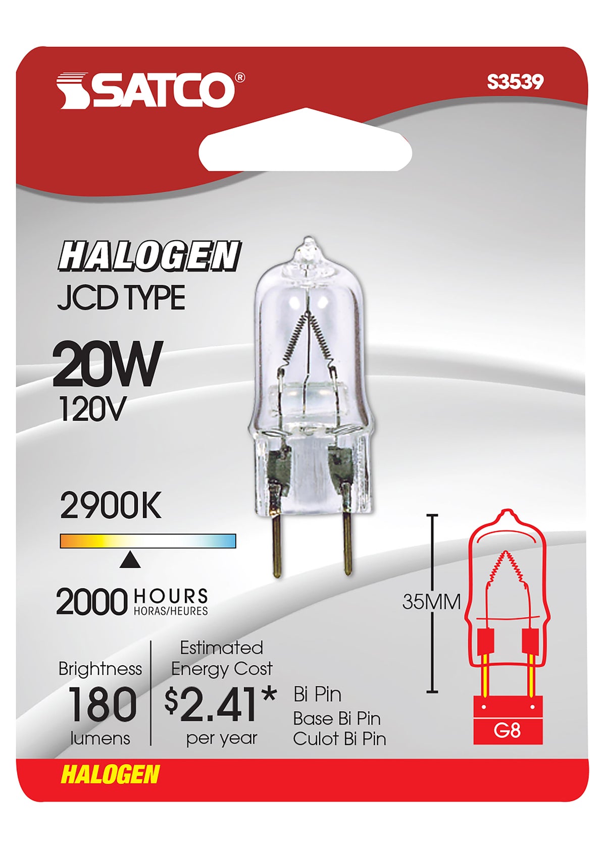 20 Watt - Halogen - T4 - Clear - 2000 Average rated hours - 180 Lumens - Bi Pin G8 base - 120 Volt - Carded