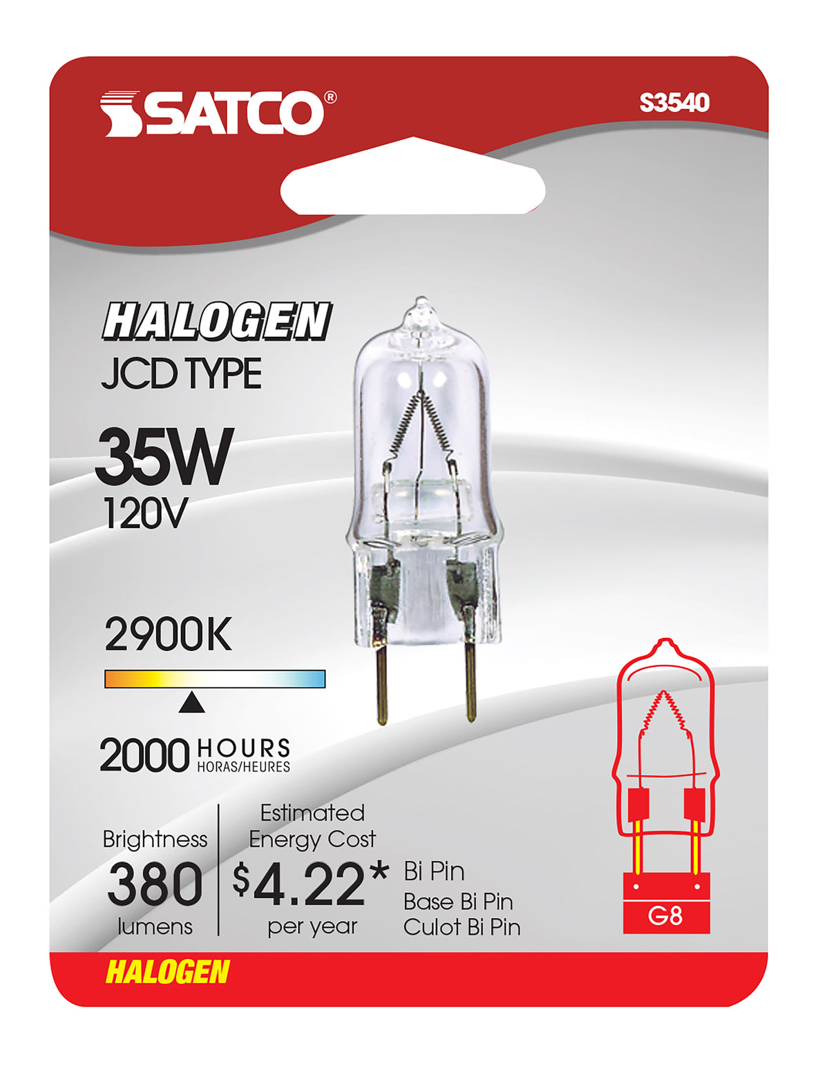 35 Watt - Halogen - T4 - Clear - 2000 Average rated hours - 380 Lumens - Bi Pin G8 base - 120 Volt - Carded