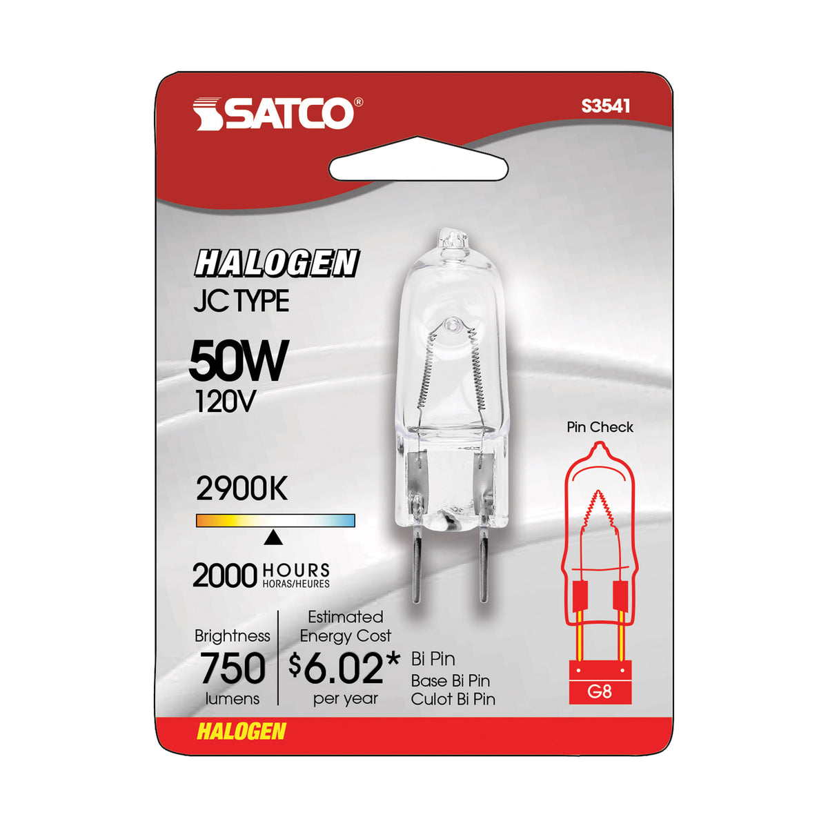 50 Watt - Halogen - T4 - Clear - 2000 Average rated hours - 750 Lumens - Bi Pin G8 base - 120 Volt - Carded